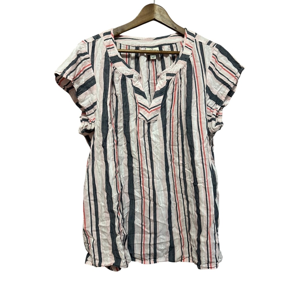 St John's Bay Woman‎ Tunic Top 0x Pink Gray Stripe V-Neck Short Sleeve Casual